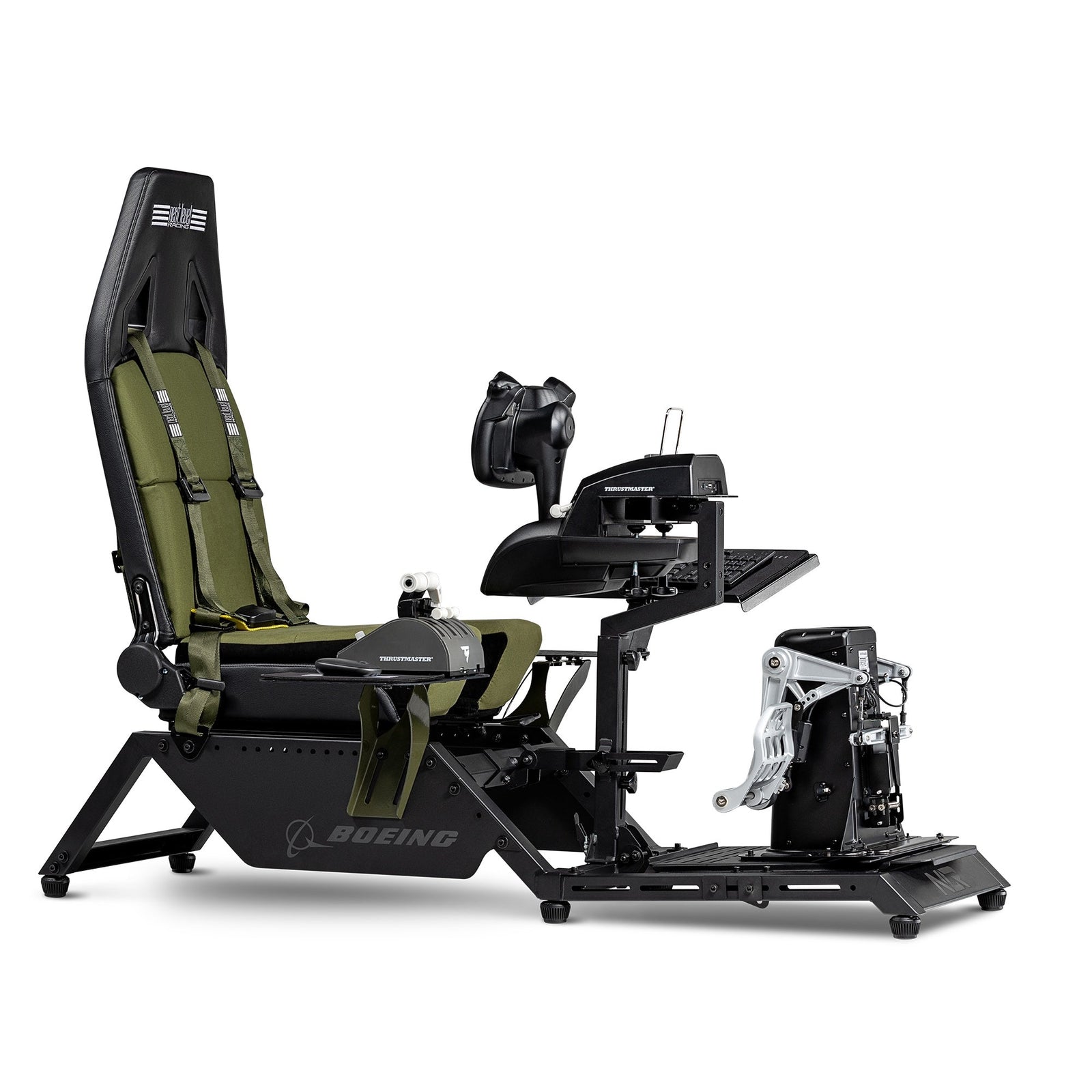  Flight simulator chair with a green seat, part of the NLR Flight Simulator Boeing Military Edition 7 setup.