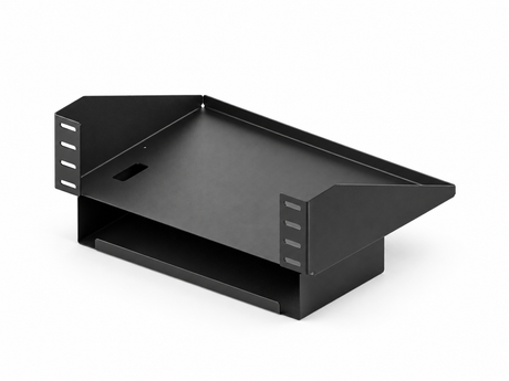 Speednation updated PC shelf and under-shelf cable tray in textured black, rear three-quarter view. AI-enhanced CAD visualisation.